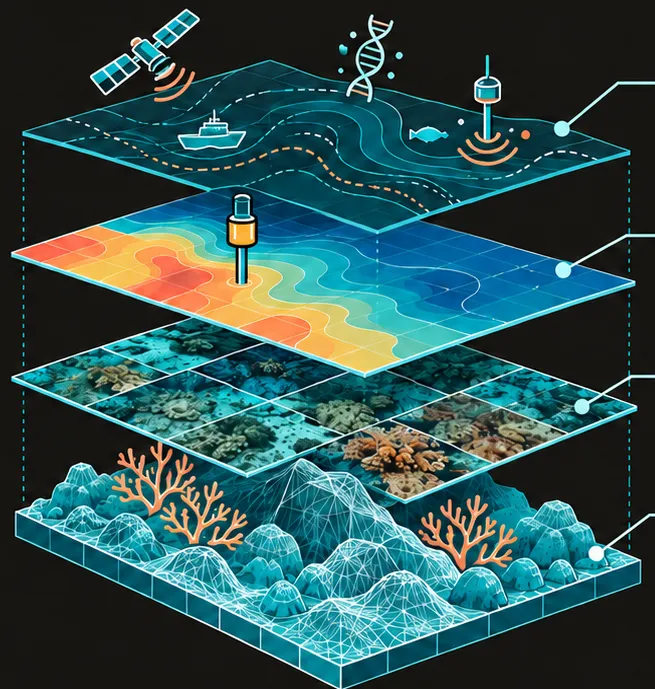 Four stacked reef layers linking 3D structure, imagery, environmental information and multimodal data
